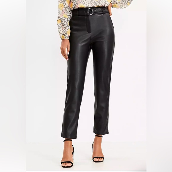 NWT. ANN TAYLOR faux leather Belted Slim Taper Pants trouser, Black, size 2 - Picture 1 of 9